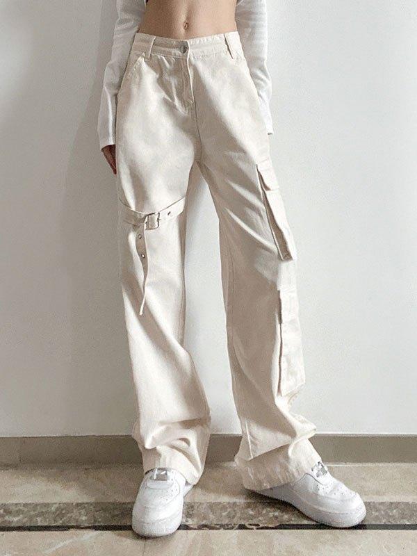 Buckle Strap Detail Pocket Cargo Jeans Product Image