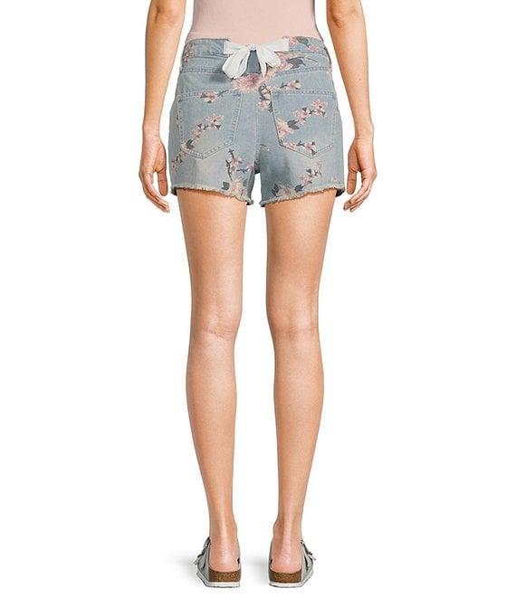 Prosperity Denim Mid Rise Floral Printed Frayed Hem Denim Shorts Product Image