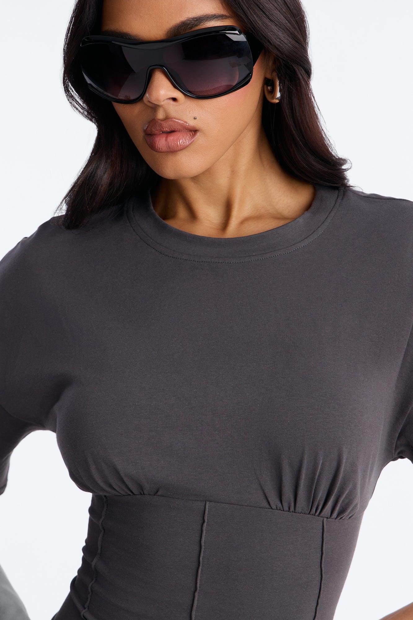 Kaylee Cinched Waist Short Sleeve T-Shirt - Charcoal Female Product Image