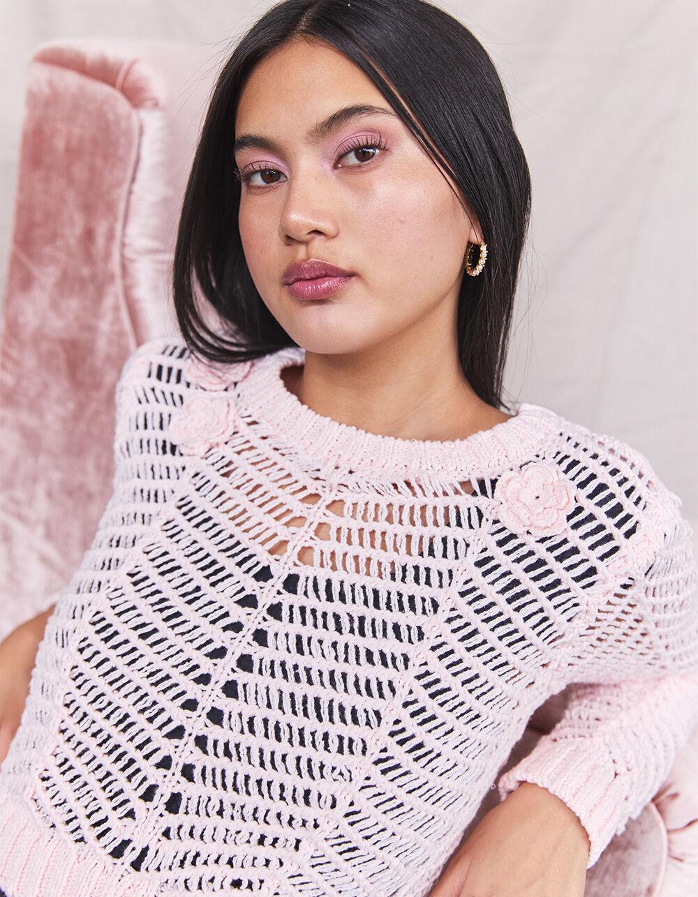 WEST OF MELROSE Rosette Open Knit Womens Sweater  - PINK Product Image