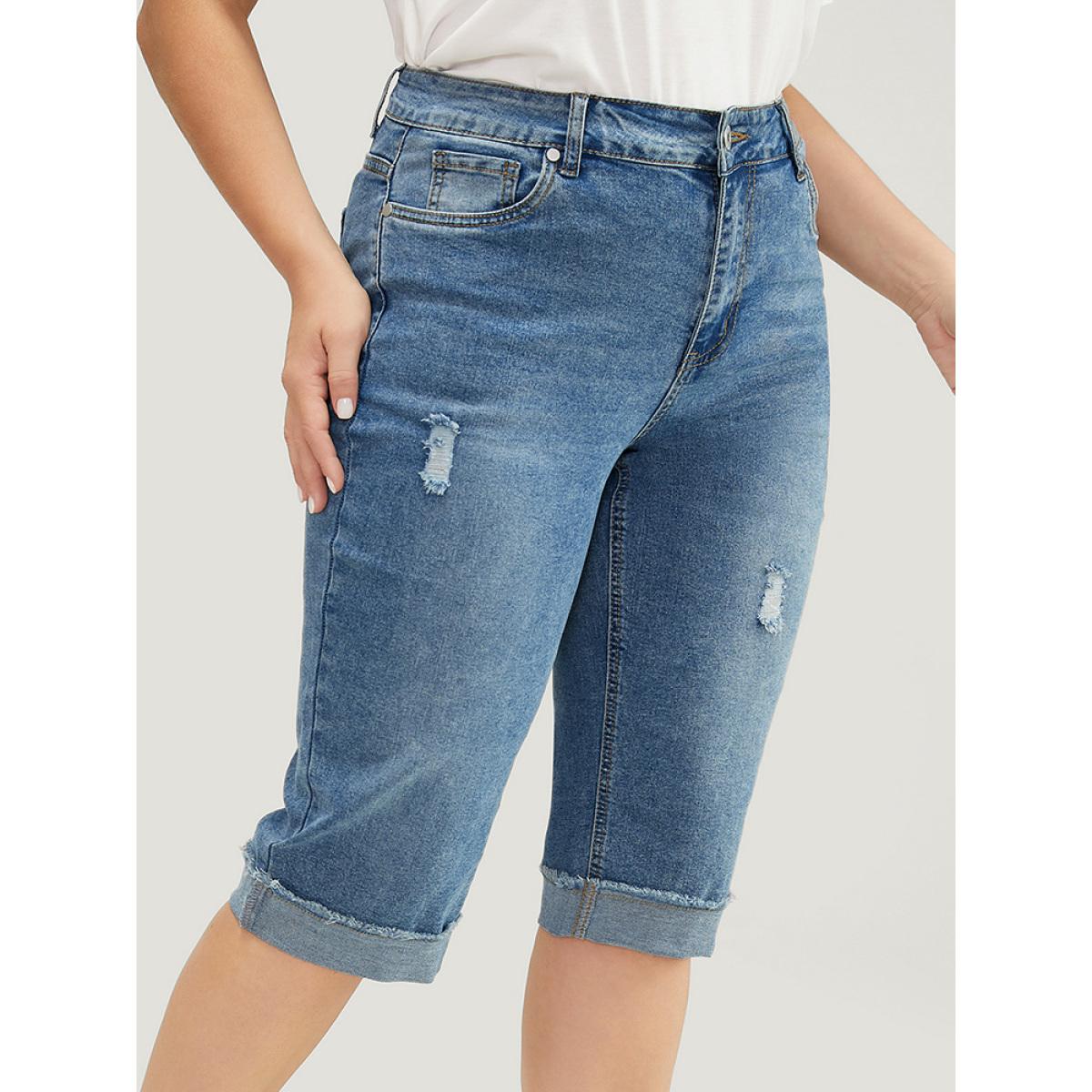 Plus Size Moderately Stretchy Roll Hem Ripped Knee Denim Shorts Women Blue Casual Plain Medium stretch Slanted pocket Jeans BloomChic 12/L Product Image