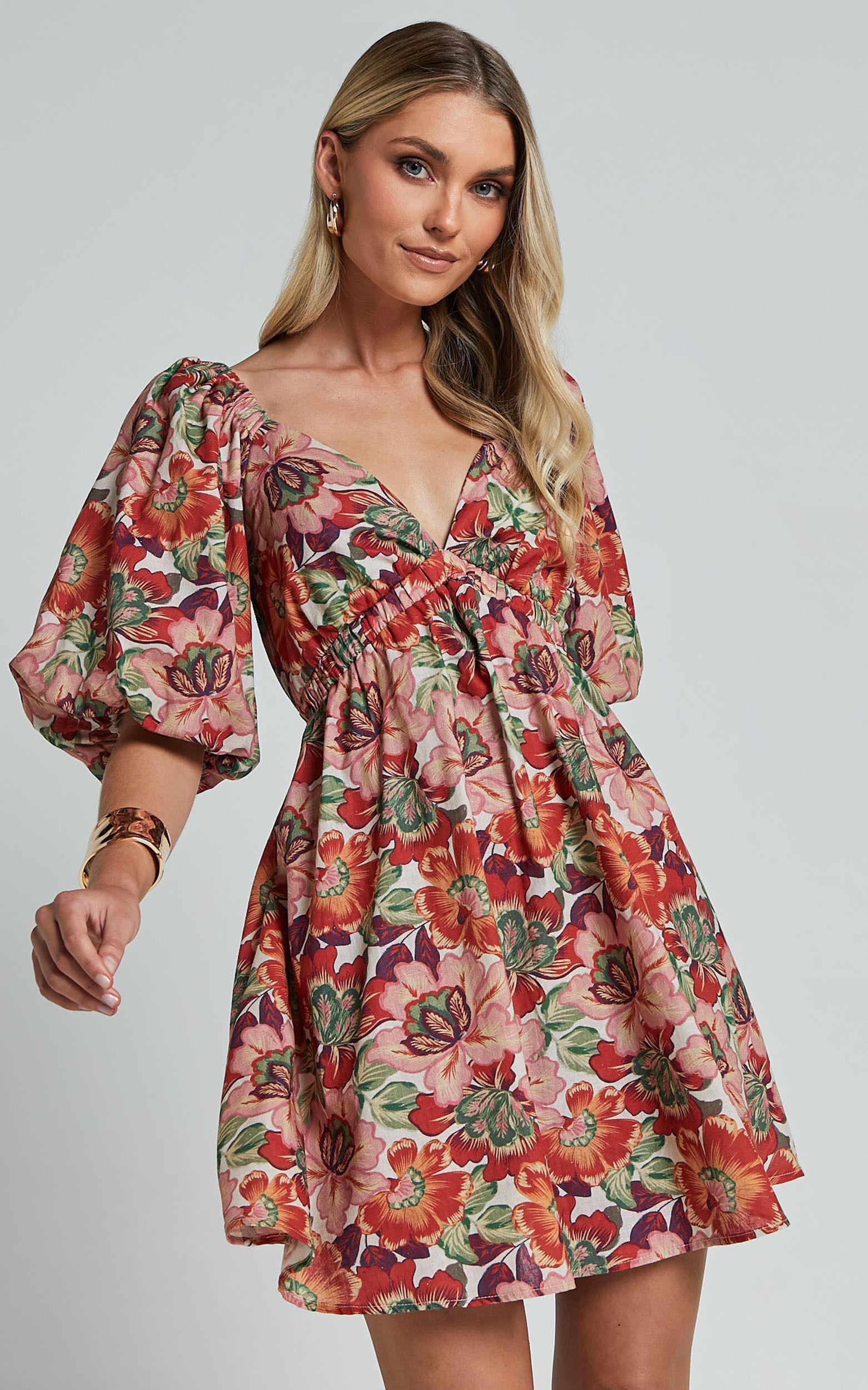 Amalie The Label - Loleta Linen Blend Short Balloon Sleeve Low Back Mini Dress in Musee Print Product Image