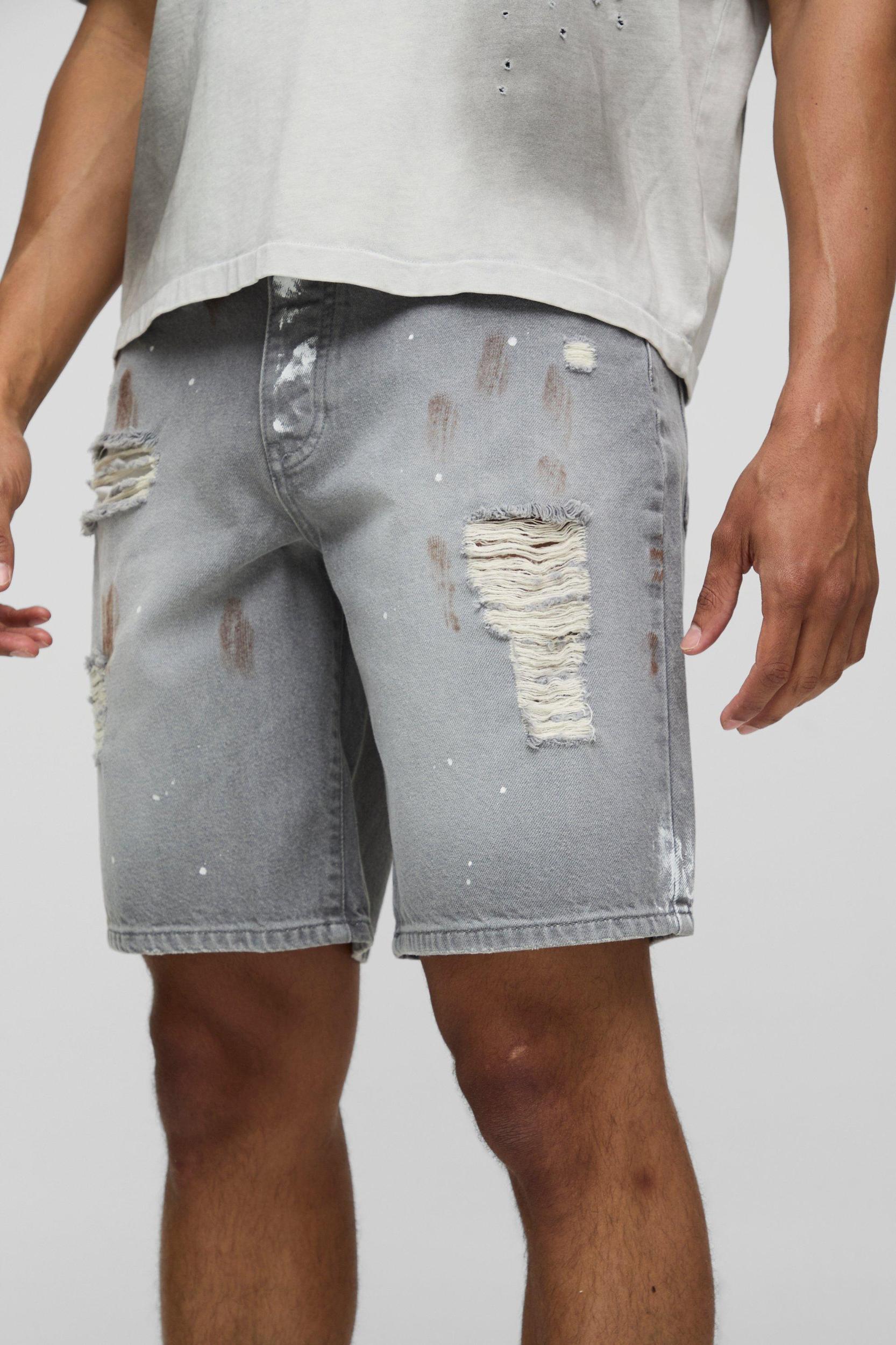 Relaxed Ripped Paint Splatter Rigid Denim Shorts In Grey | boohooMAN USA Product Image