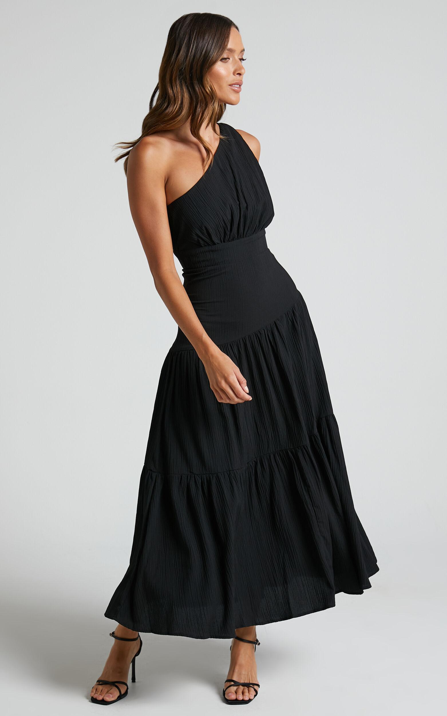 Celestia Midi Dress - Tiered One Shoulder Dress in Black Product Image