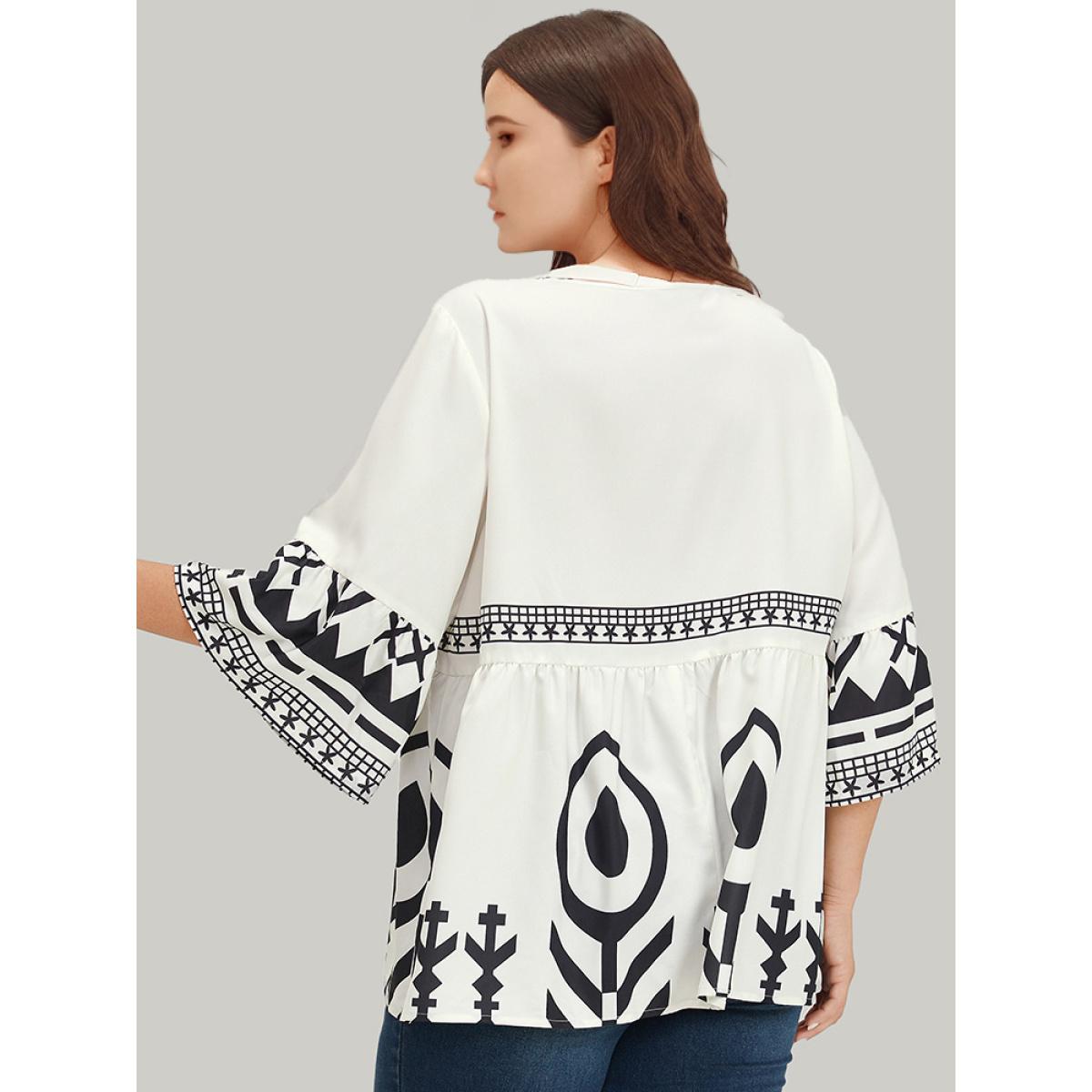 Plus Size Ivory Silhouette Floral Print Bell Sleeve Ruffle Hem Blouse Women Vacation Elbow-length sleeve V-neck Dailywear Blouses BloomChic 18-20/2X Product Image