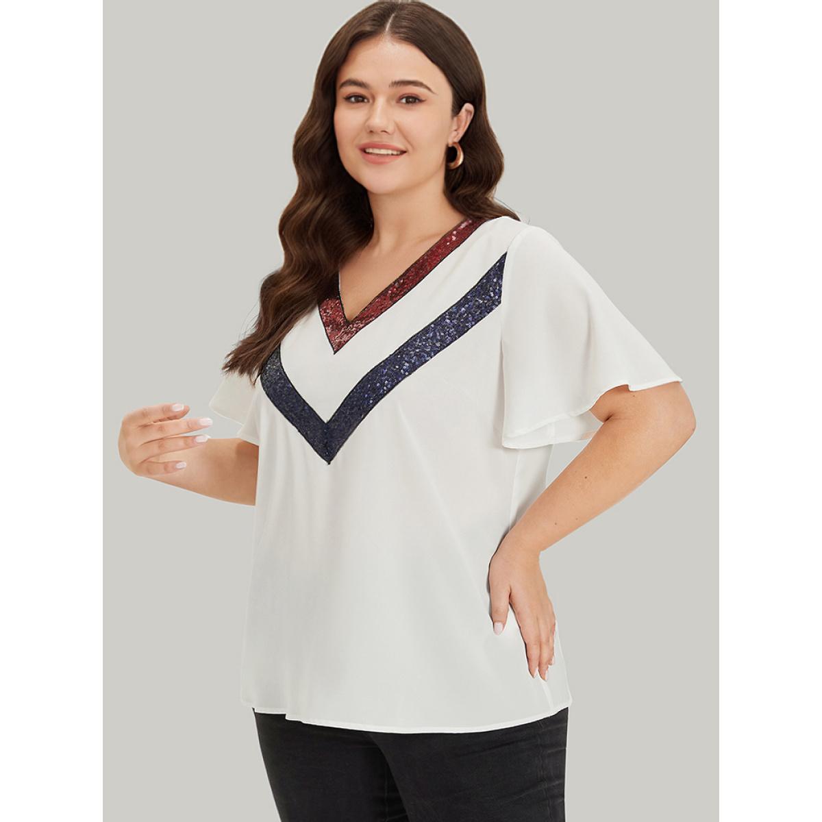 Plus Size White Contrast Webbing V Neck Ruffle Sleeve Blouse Women Party Short sleeve V-neck Going out Blouses BloomChic 18-20/2X Product Image