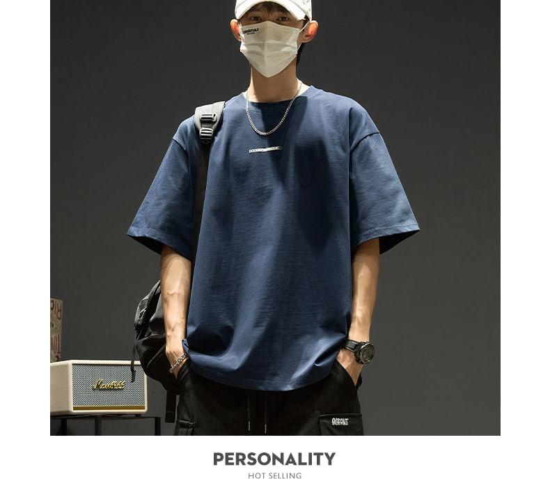 Short-Sleeve Round Neck Lettering Embroidered T-Shirt Product Image