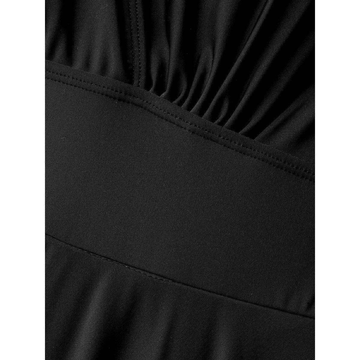 Plus Size Laser Cut Surplice Neck Waist-Cinched Swim Dress Women's Swimwear Black Resort Bodycon Overlap Collar High stretch Curve Swim Dresses BloomChic 26/4X Product Image