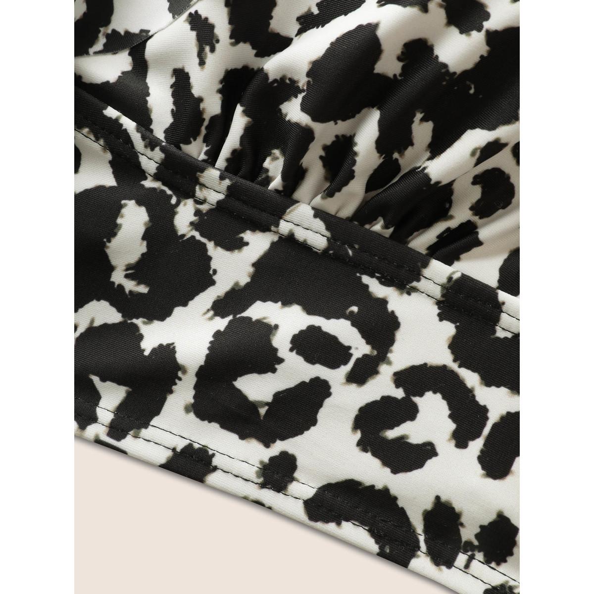 Plus Size Leopard Print Ruffles Adjustable Straps Swim Top Women's Swimwear Beige Beach Ruffles High stretch Bodycon One-shoulder neck Curve Swim Tops BloomChic 14-16/1X Product Image