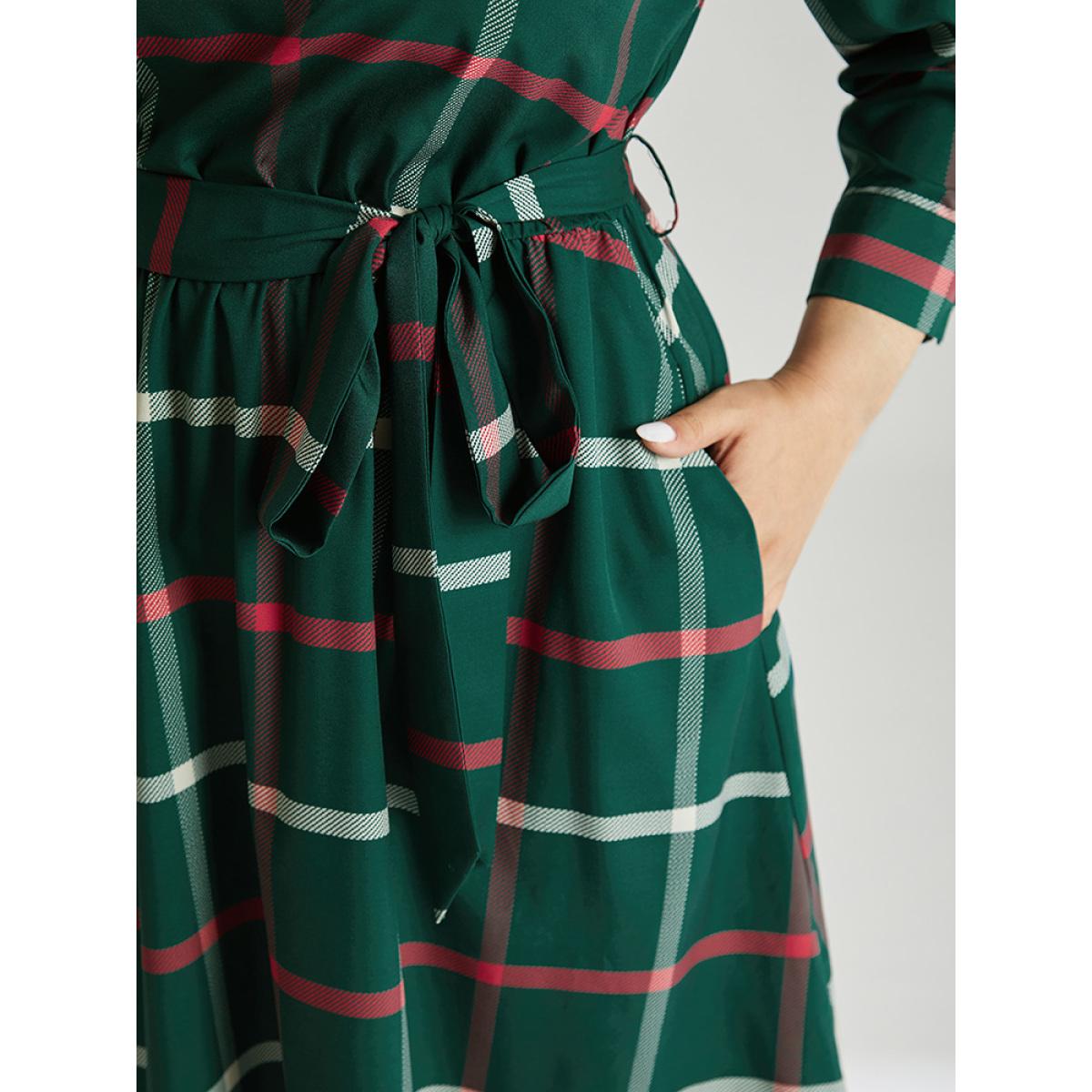 Plus Size Plaid Stand Collar Gathered Belted Dress Multicolor Women Office Printed Stand-up collar Elbow-length sleeve Curvy Midi Dress BloomChic 22-24/3X Product Image