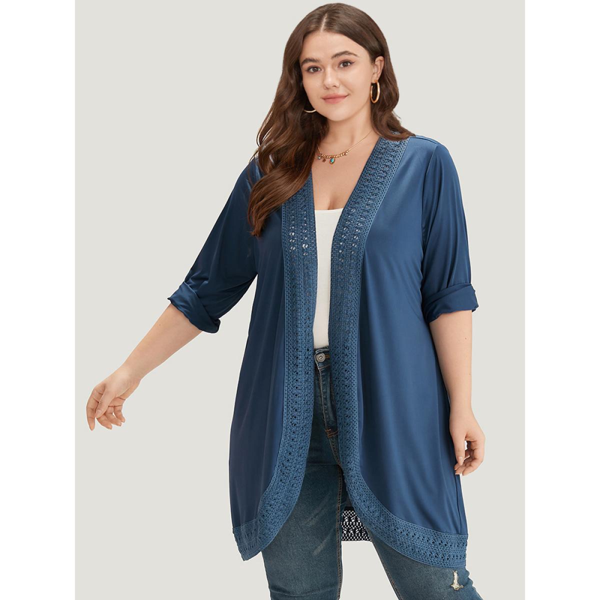Plus Size Supersoft Essentials Plain Lace Patchwork Open Front Kimono Women DarkBlue Casual Plain Dailywear Kimonos BloomChic 10/M Product Image