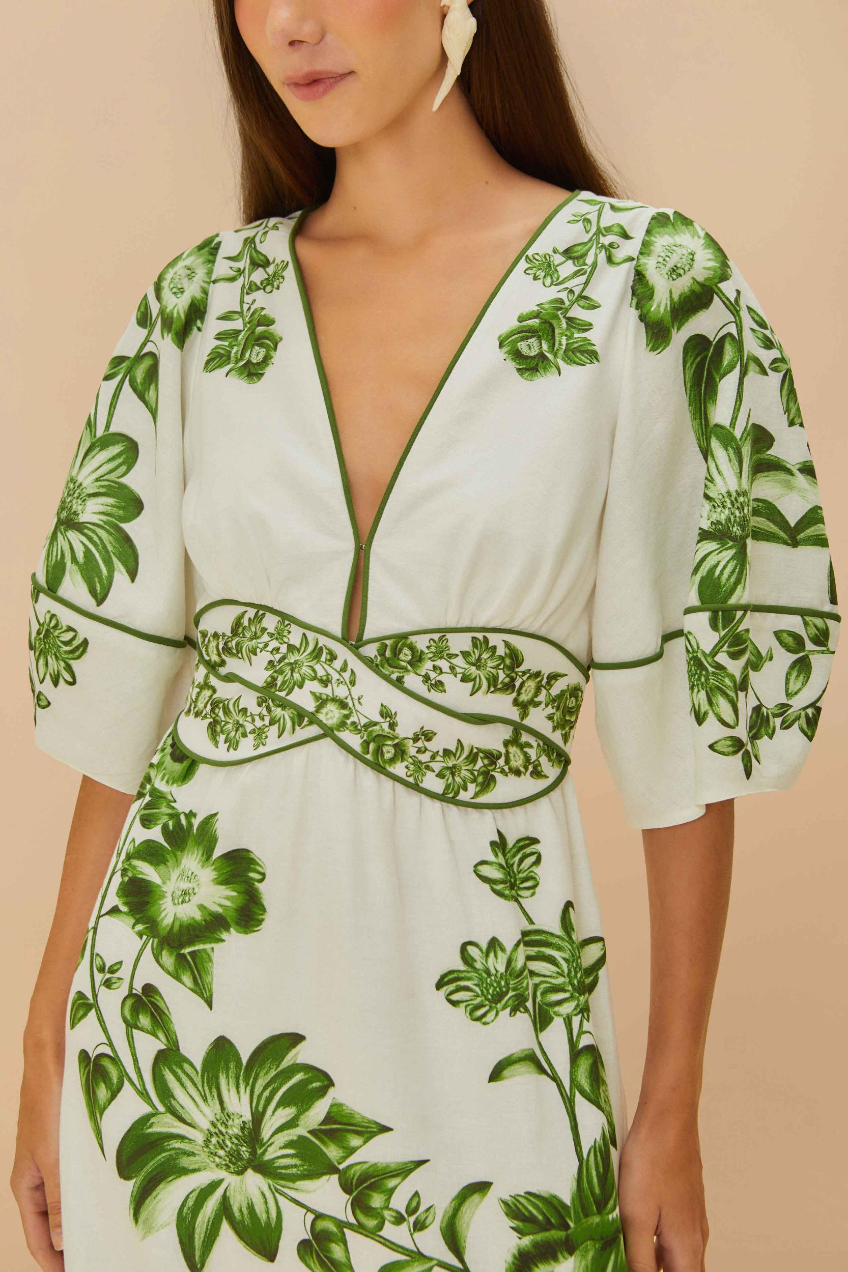 Off-White Green Floral Cascade LENZING™ ECOVERO™ Euroflax™ Midi Dress Product Image