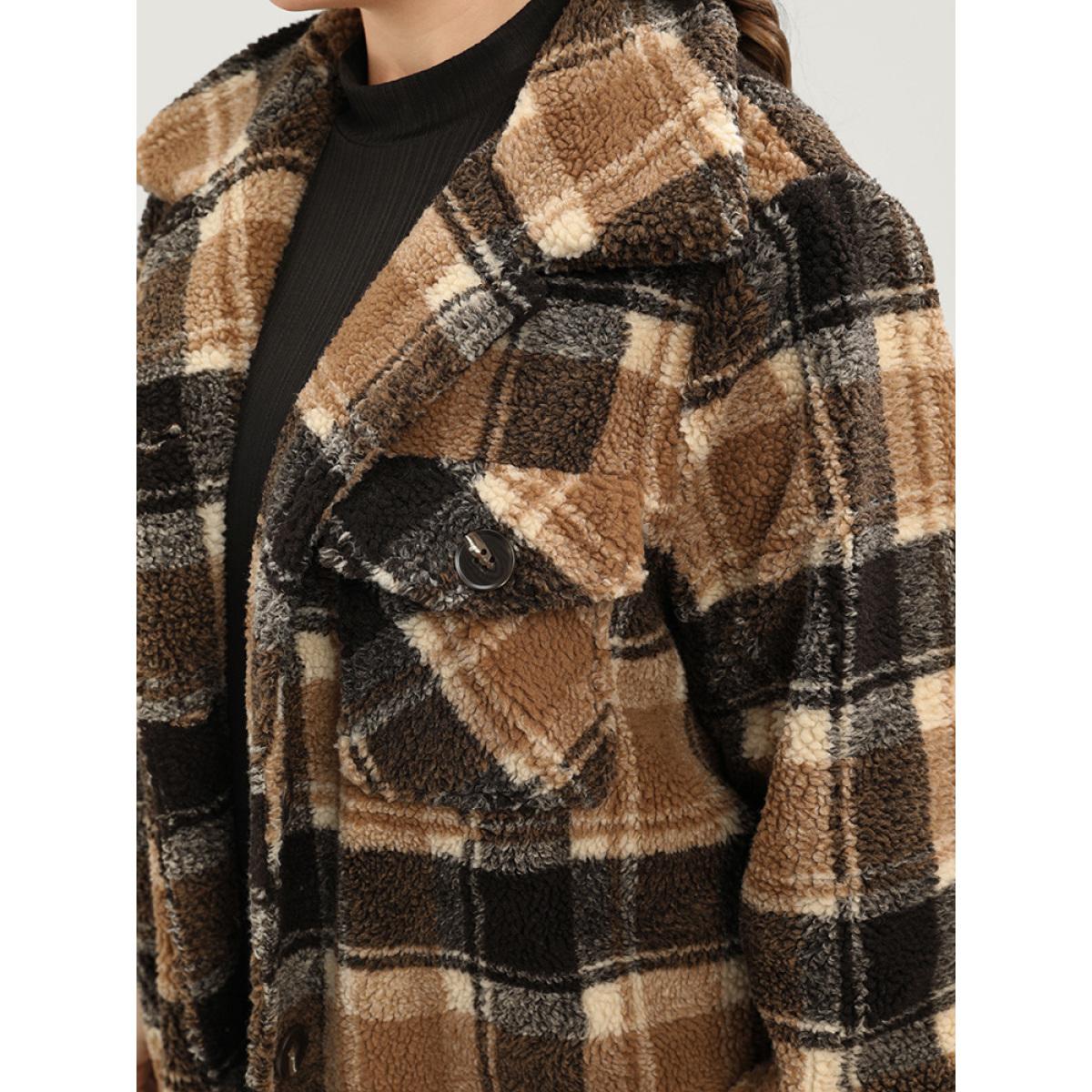 Plus Size Plaid Flap Pocket Button Up Teddy Coat Women Bronze Elegant Button Ladies Dailywear Winter Coats BloomChic 18-20/2X Product Image