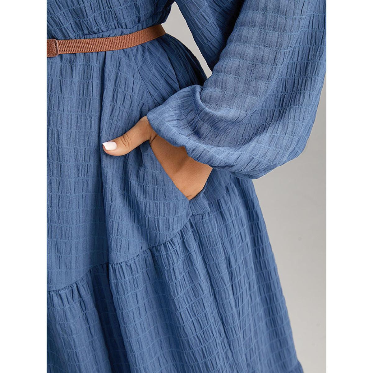 Plus Size Plisse Twist Front Layered Hem Dress Cerulean Women Elegant Elastic cuffs Square Neck Long Sleeve Curvy Midi Dress BloomChic 12/L Product Image