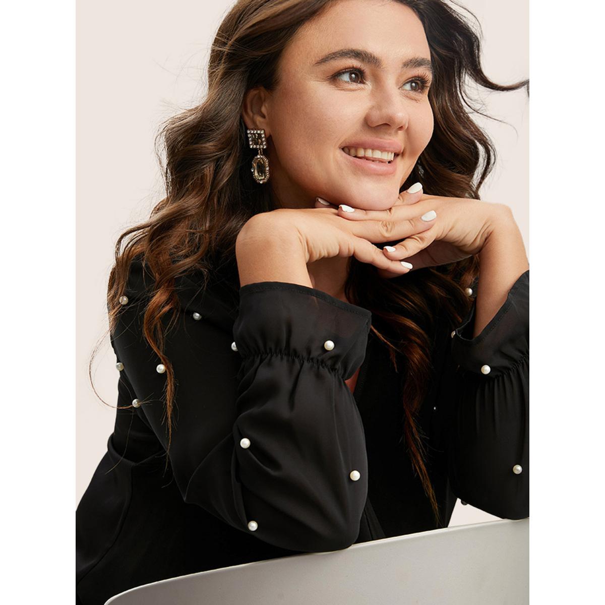 Plus Size Black Pearl Beaded Mesh Patchwork Ruffles Blouse Women Timeless Long Sleeve V-neck Elegant Blouses BloomChic 12/L Product Image