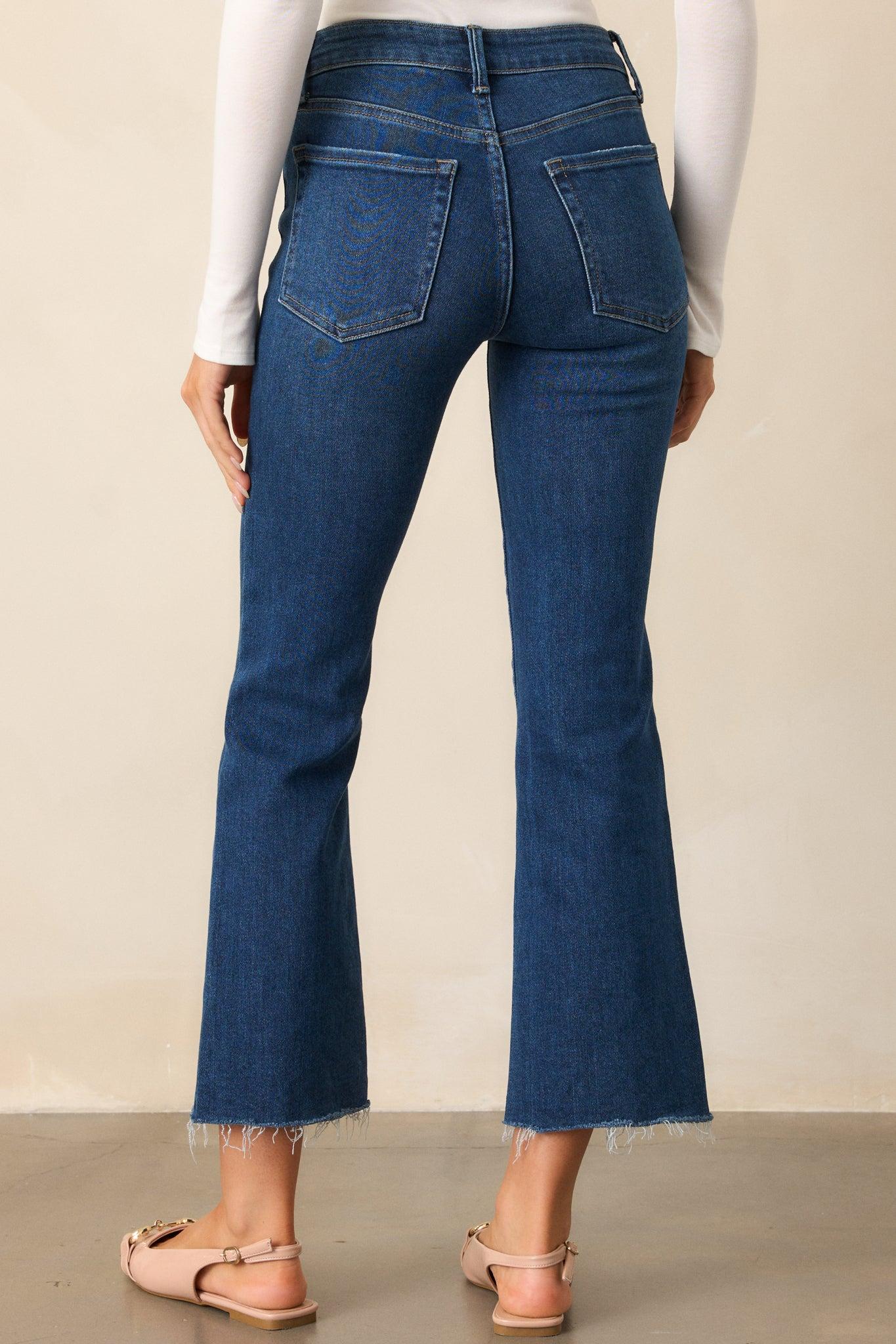 Nightfall Spark Dark Wash Cropped Raw Edge Flare Jeans Product Image