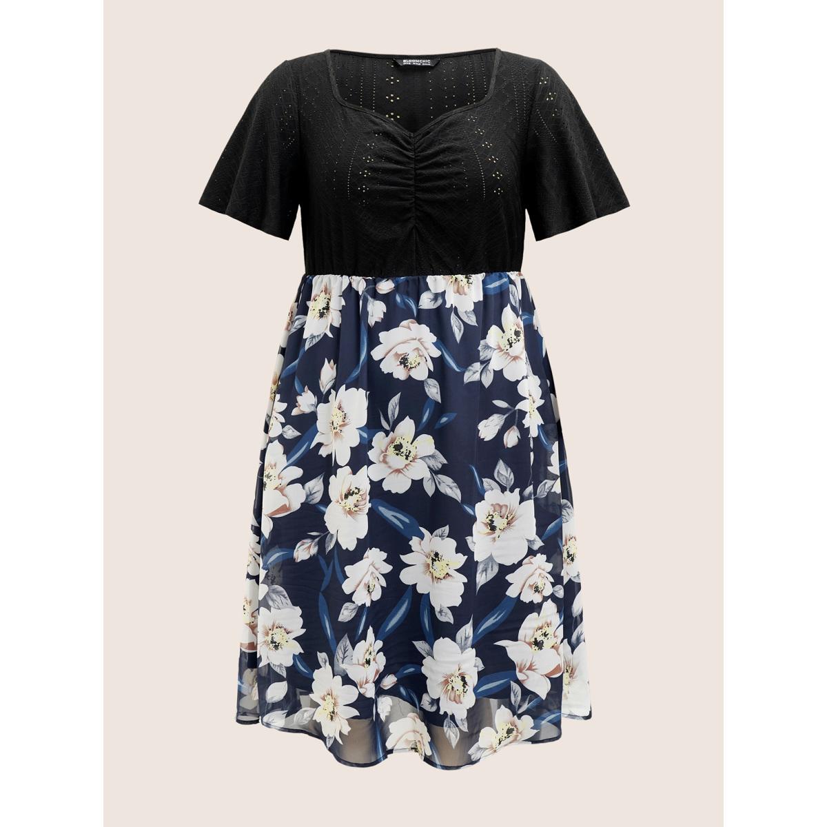 Plus Size Chiffon Floral Patchwork Ruched Hollow Out Dress DarkBlue Women Elegant Non Square Neck Short sleeve Curvy Midi Dress BloomChic 18-20/2X Product Image