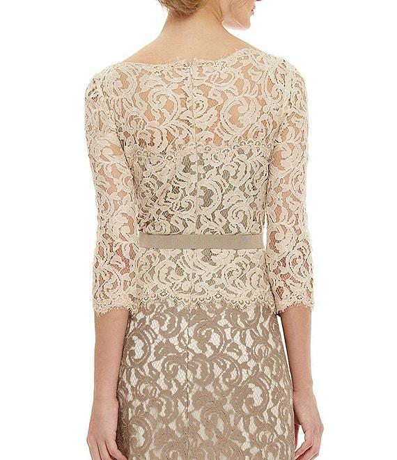 Tadashi Shoji Illusion Boat Neck 3/4 Sleeve Two Tone Floral Lace Scallop Hem Belted Gown Product Image