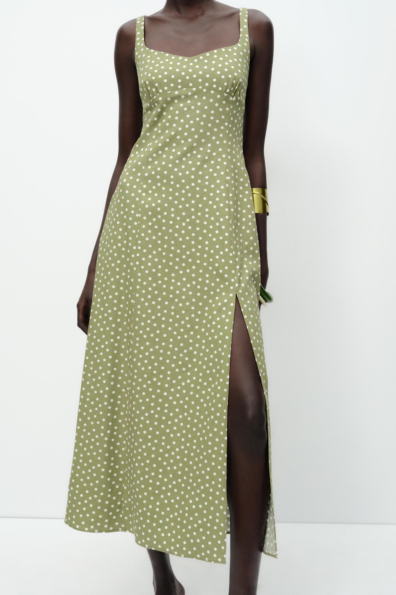LINEN BLEND POLKA DOT MIDI DRESS Product Image