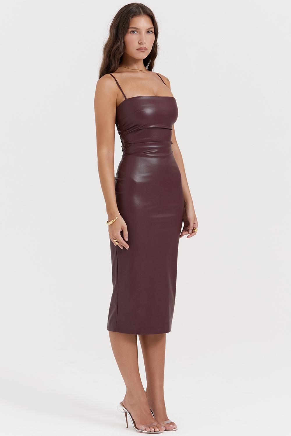 Jalena  mulberry vegan leather lace back dress Product Image