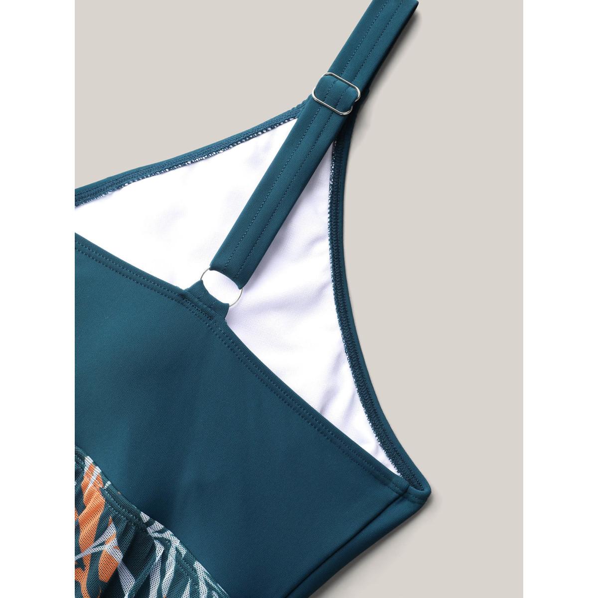 Plus Size Tropical Leaf Print Mesh Flowy Swim Dress Women's Swimwear Cyan Beach Bodycon Overlap Collar High stretch Curve Swim Dresses BloomChic 22-24/3X Product Image