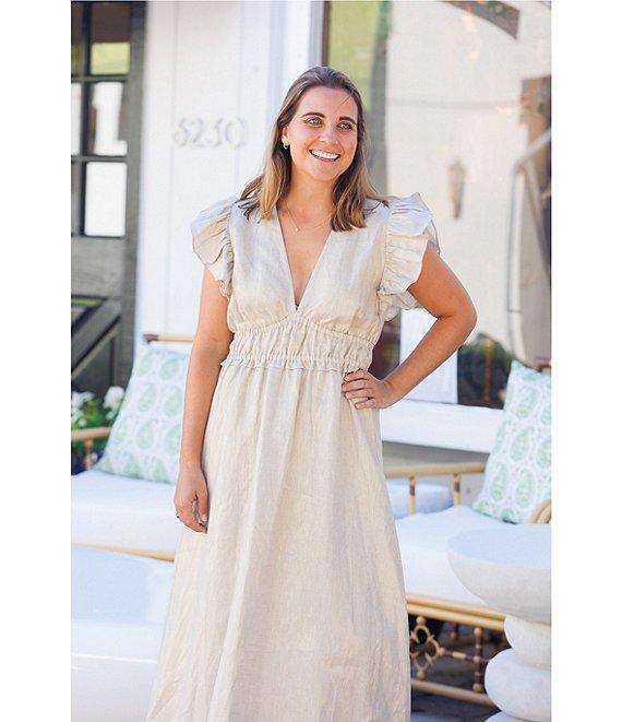 SAIL to SABLE Gold Linen Blend V-Neck Flutter Sleeve A-Line Midi Dress Product Image