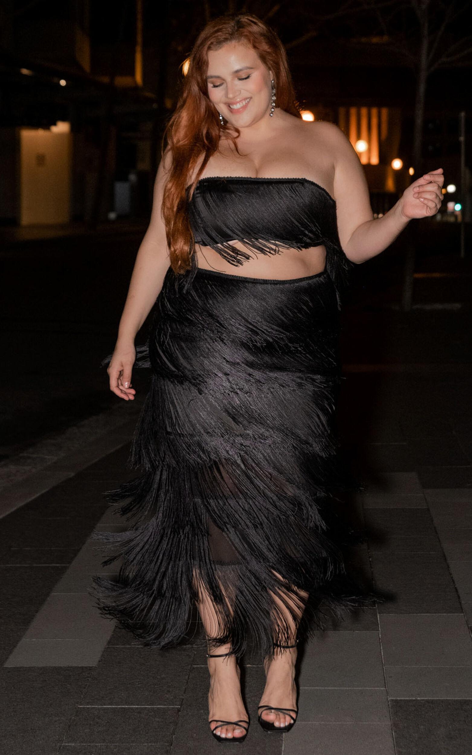 Amalee Two Piece Set - Fringe Strapless Crop Top and Midi Skirt Set in Black Product Image