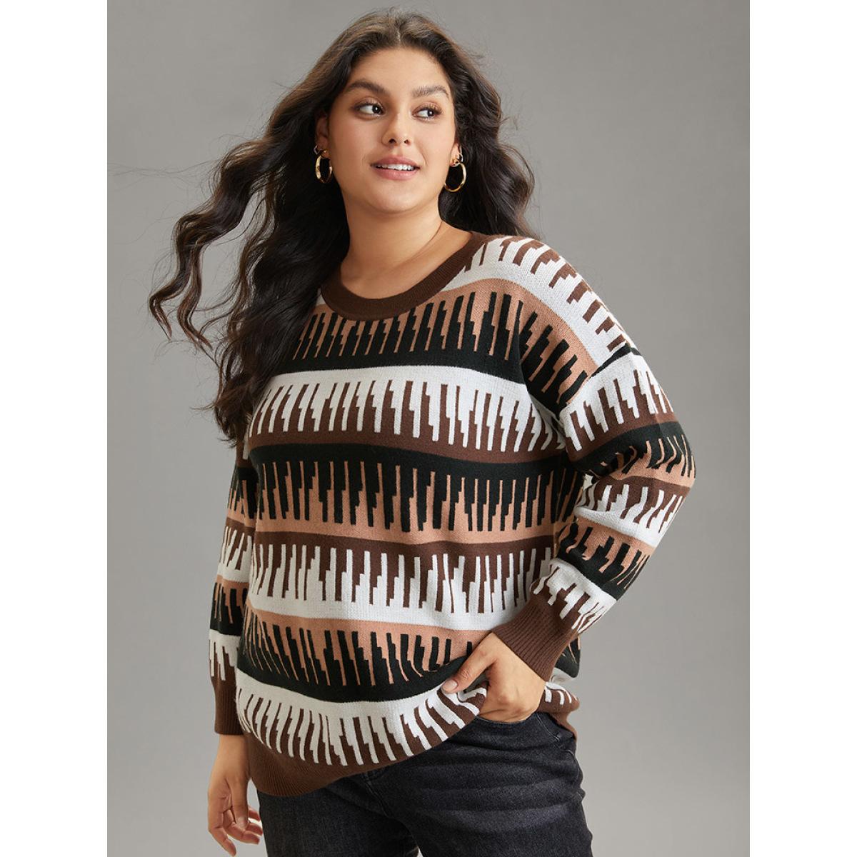 Plus Size Supersoft Essentials Colorblock Geo Elastic Cuffs Pullover DarkBrown Women Casual Loose Long Sleeve Round Neck Dailywear Pullovers BloomChic 28/5X Product Image