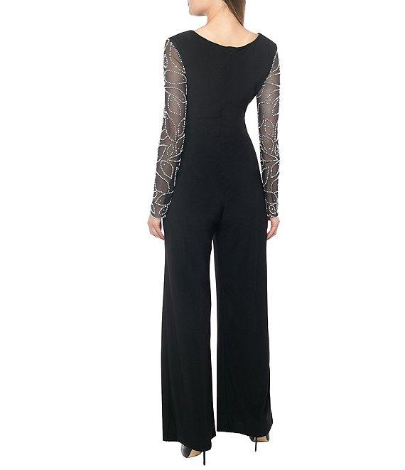 Marina Matte Jersey Sheer Beaded Long Sleeve V-Neck Knot Bodice Jumpsuit Product Image