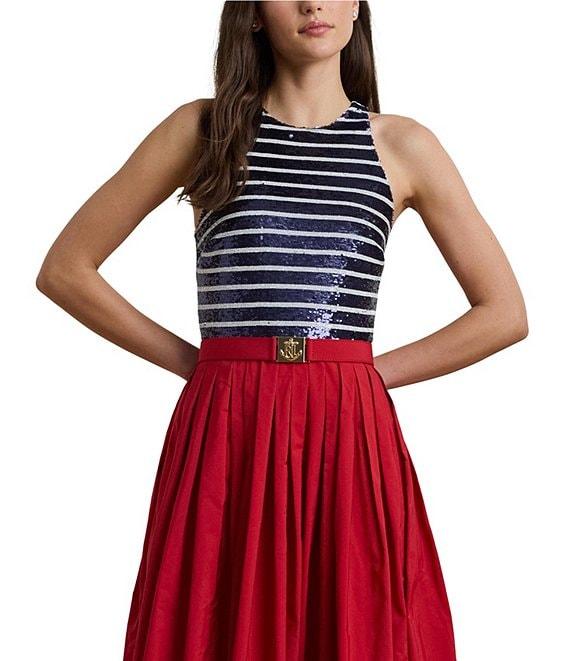 Lauren Ralph Laure Mix Media Sequin Stripe Print Halter Neck Sleeveless Gown Product Image