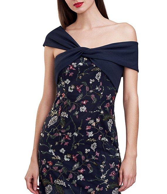 JS Collections Floral Pattern Embroidered Mesh One Shoulder Short Sleeve Asymmetrical Twit Sheath Midi Dress Product Image