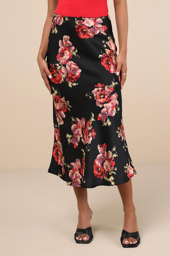 Sleek Proposition Black Floral Satin Bow Midi Skirt Product Image