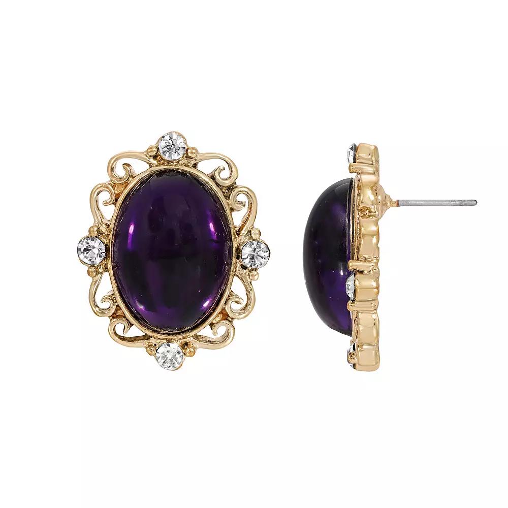 1928 Gold Tone Purple Oval Crystal Accented Button Stud Earrings, Women's Product Image