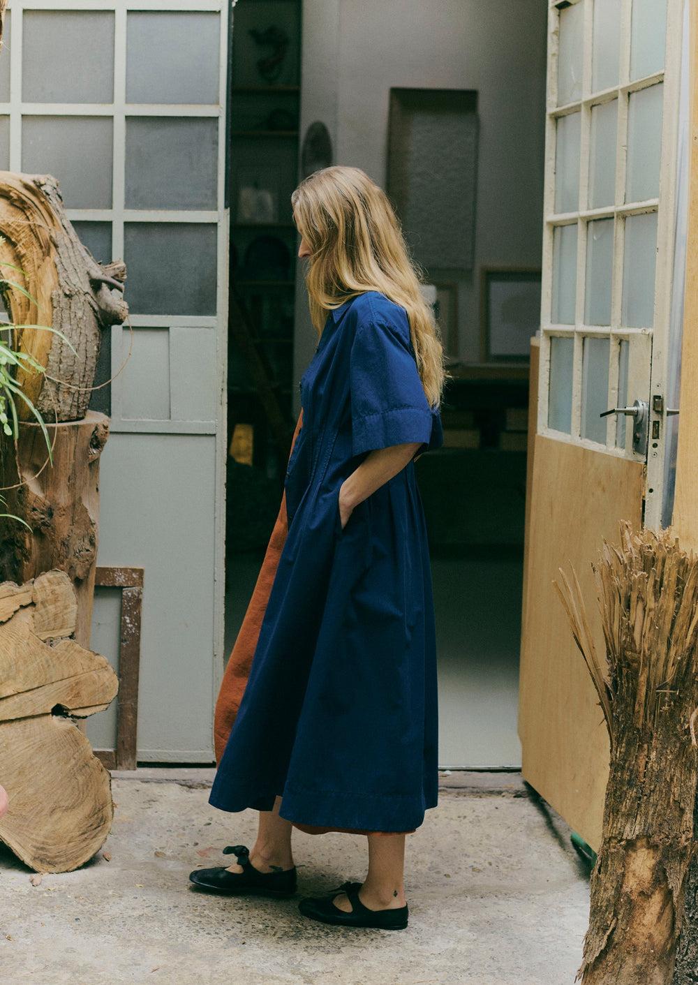 Pleated Cotton Linen Dress | Mid Blue Product Image