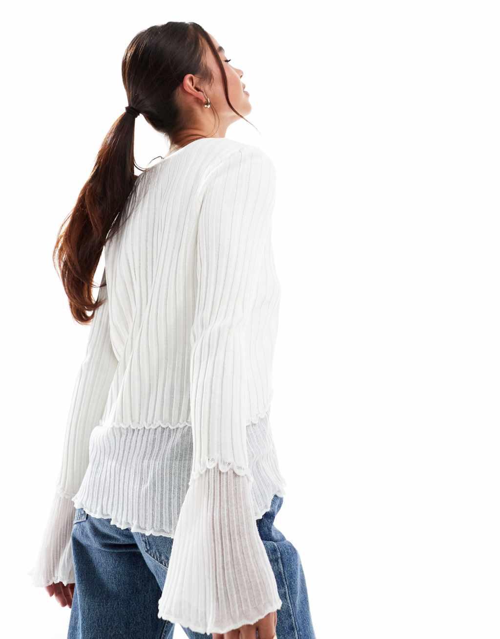 ASOS DESIGN tie front cardigan with sheer hem in cream Product Image