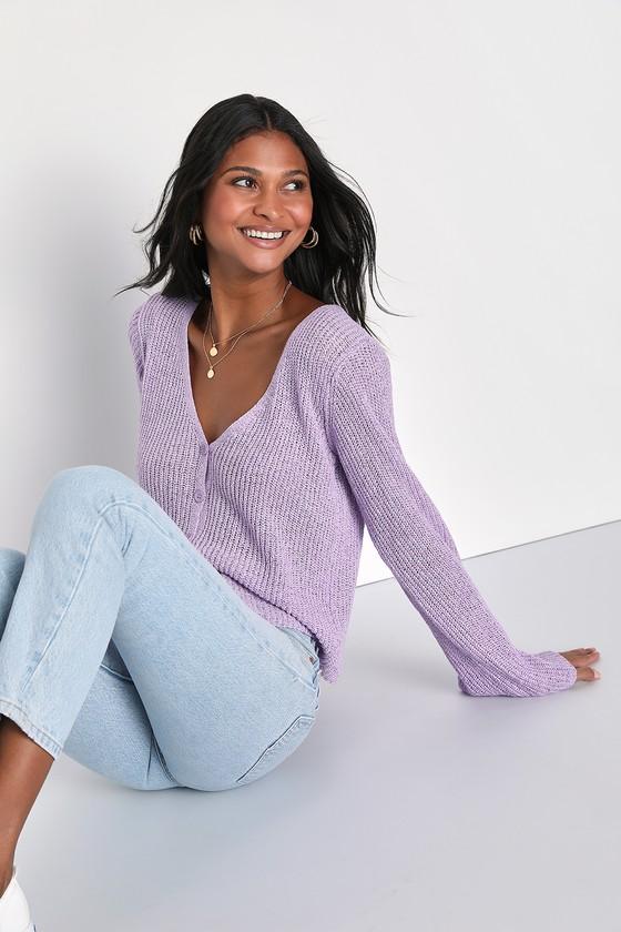 Springtime Sweetie Lavender Loose Knit Cardigan Sweater Product Image