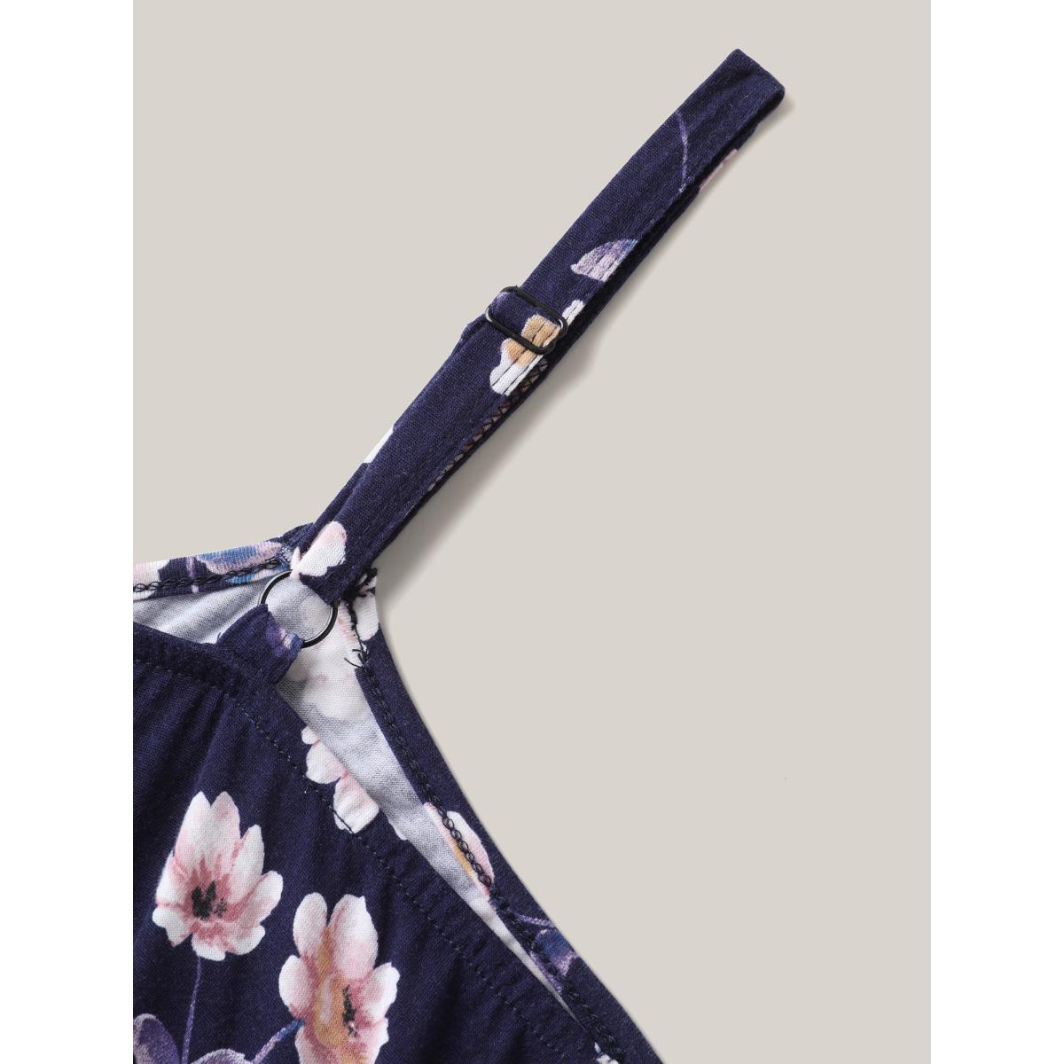 Plus Size DarkBlue Floral Print Adjustable Stretchy Pockets Jumpsuit Women Elegant Sleeveless Non Everyday-Elegant Loose Jumpsuits BloomChic 12/L Product Image