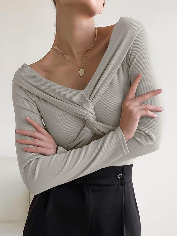 Off Shoulder Crossover Twist Front Long Sleeve Knit Product Image