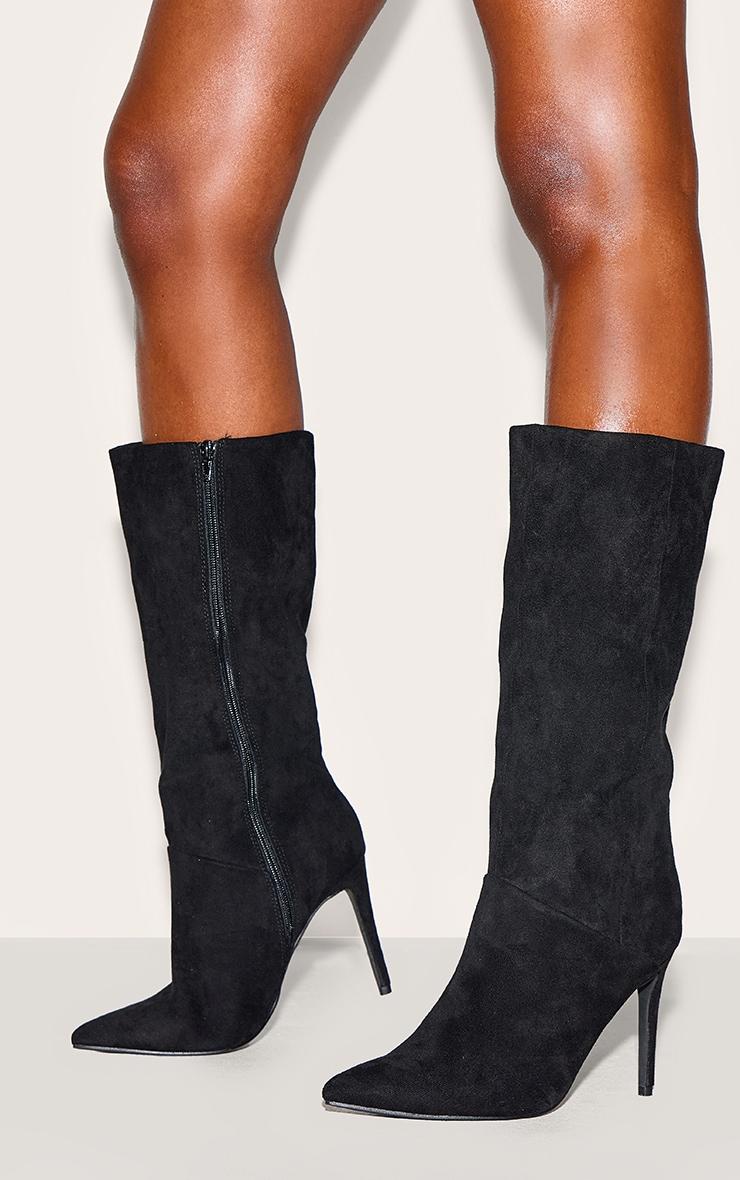 Black Faux Suede Point Toe Stiletto Heeled Calf High Boots Product Image