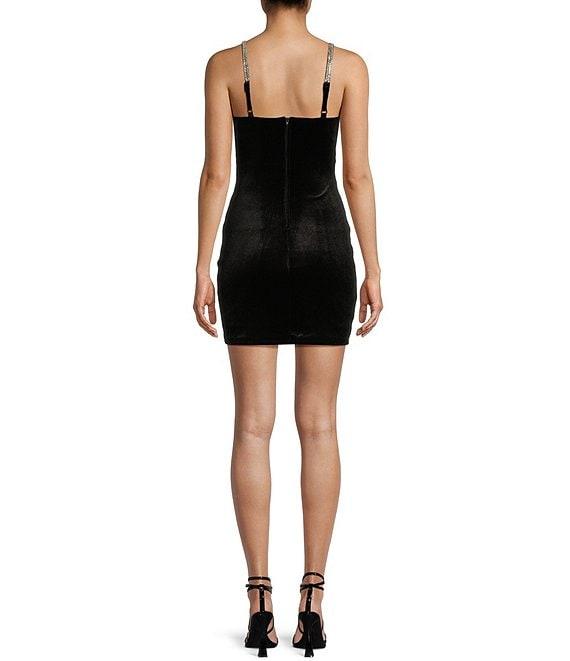 Midnight Doll Square Neck Rhinestone Straps Velvet Bodycon Dress Product Image