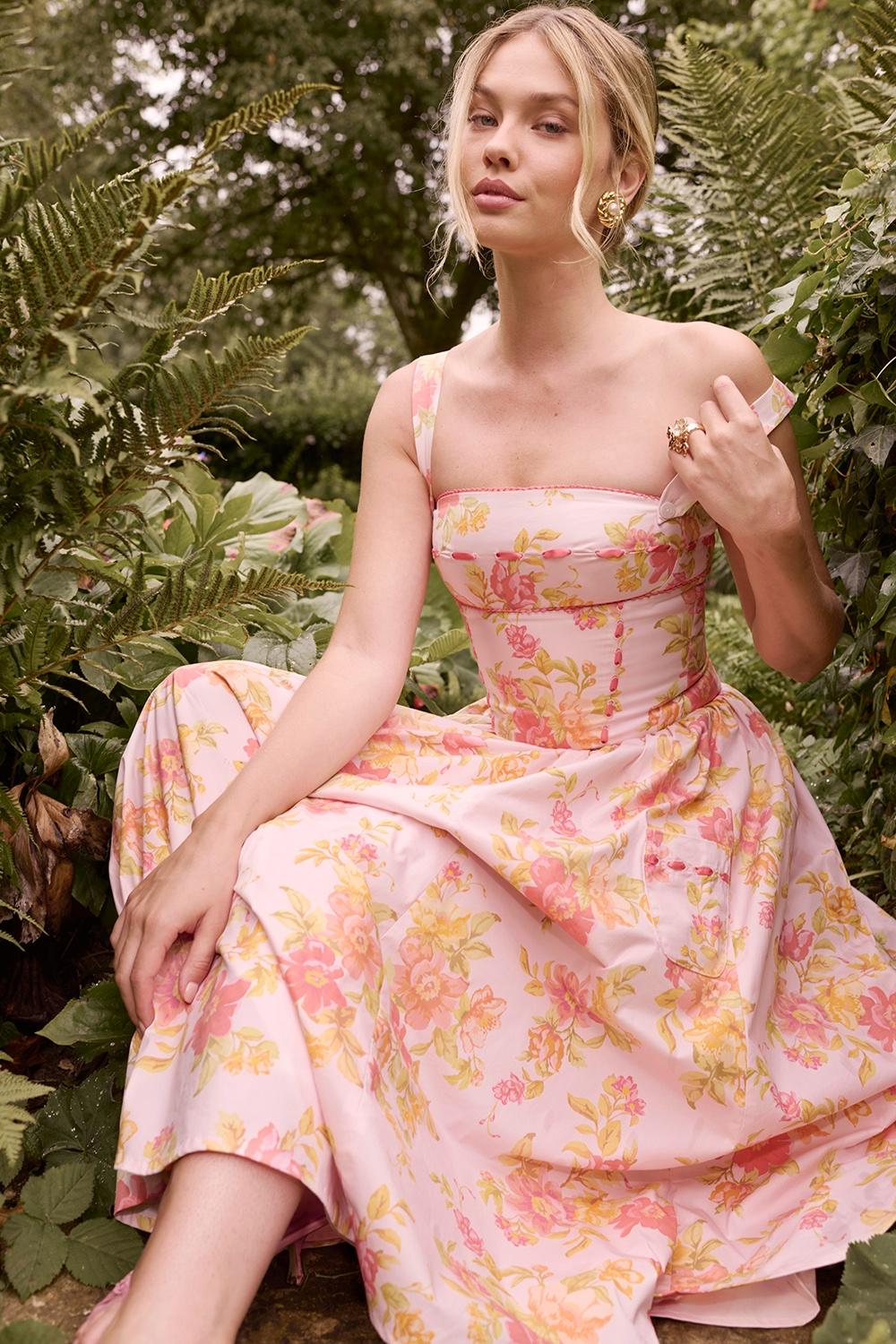 Vivien  peach poppy print cotton midi sundress Product Image