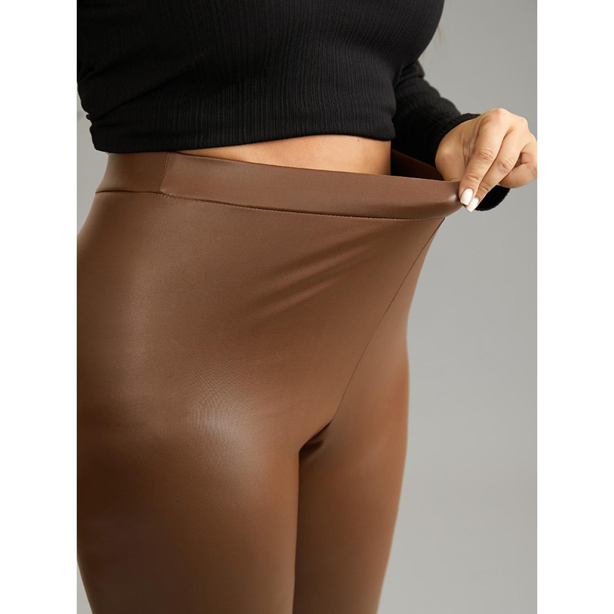 Plus Size PU Leather Elastic Waist Leggings Women DarkBrown Glamour Medium stretch Skinny High Rise Going out Leggings BloomChic 12/L Product Image