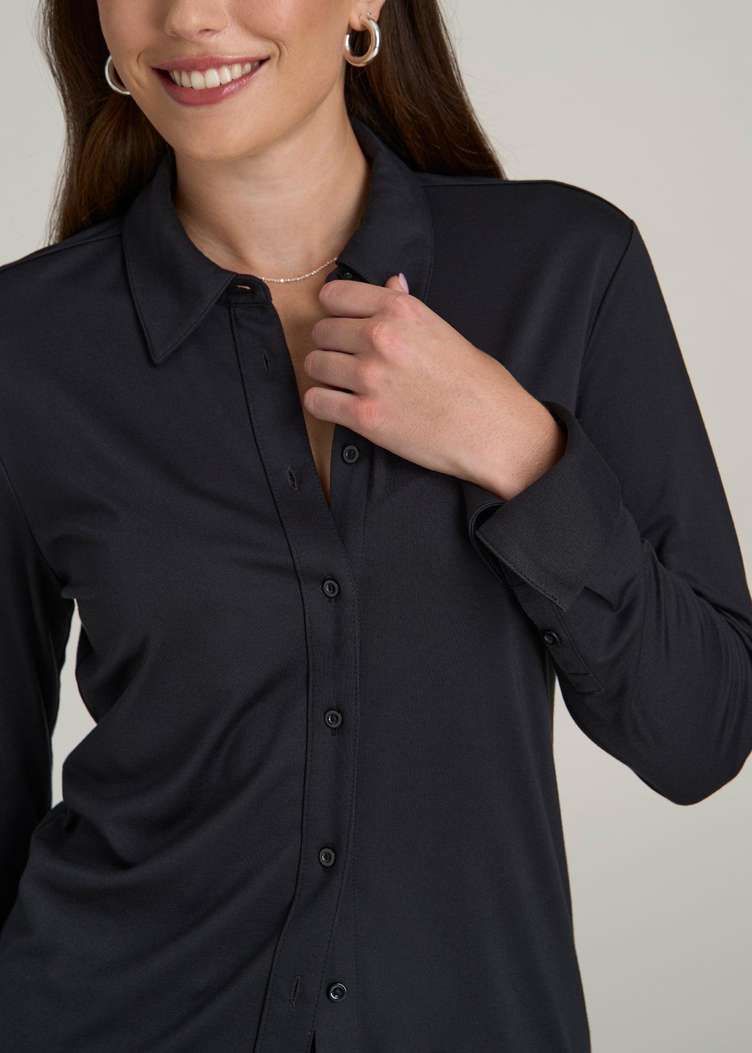 Slub Knit Button-Up Shirt for Tall Women in Black Female Product Image