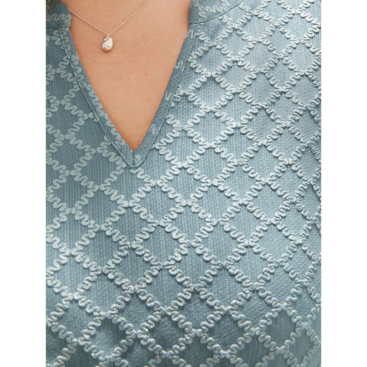 Plus Size Geo Plisse Pocket Lantern Sleeve Notched Dress Stone Women Office Elastic cuffs Notched collar Half Sleeve Curvy Knee Dress BloomChic 18-20/2X Product Image