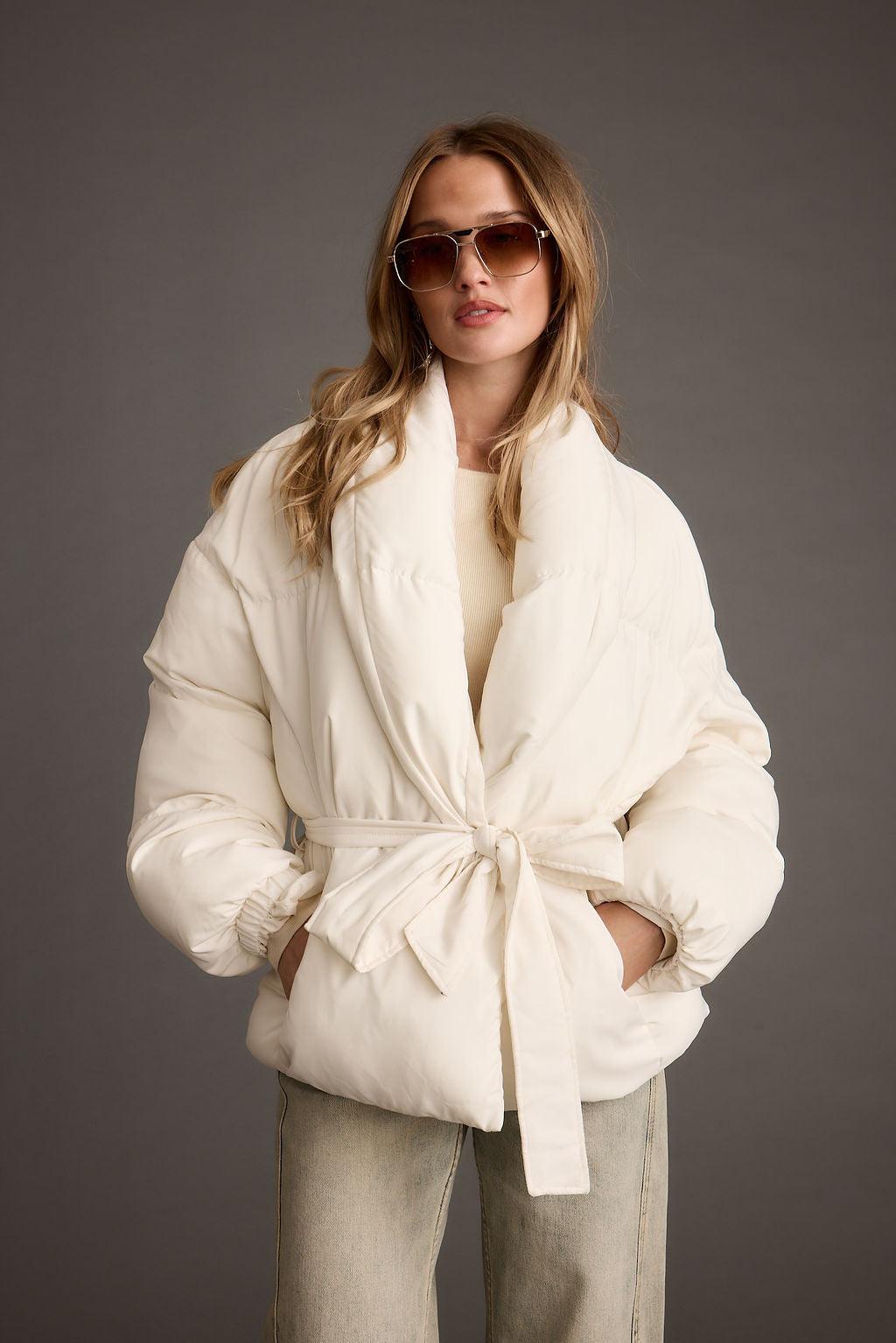 Maverick White Belted Puffer Coat Product Image