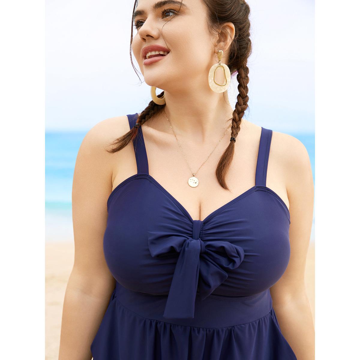 Plus Size Plain Bowknot Pocket Gathered One Piece Swimsuit Women's Swimwear Indigo Beach Non Curve Bathing Suits High stretch One Pieces BloomChic 30/6X Product Image