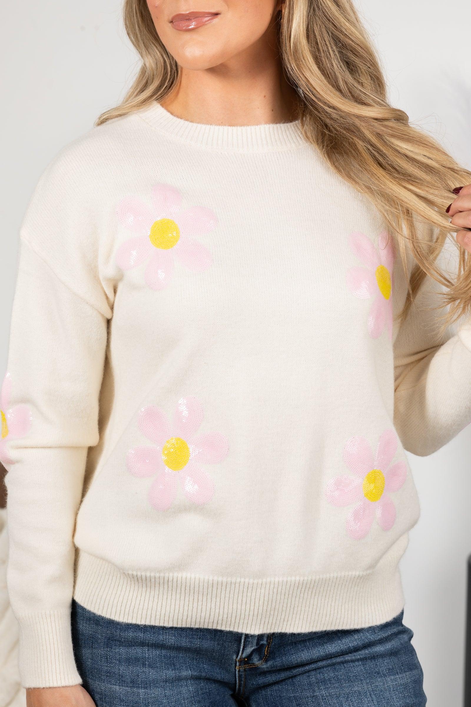 Knit Sweater With Sequin Flowers Product Image