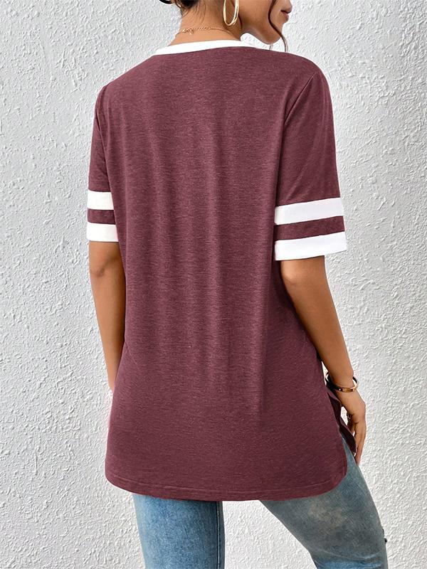 Loose Short Sleeves Split-Joint Split-Side Striped V-Neck T-Shirts Tops Product Image