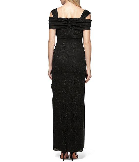 Alex Evenings Glitter Mesh Cowl Neck Cold Shoulder Cap Sleeve Side Slit Ruched Gown Product Image