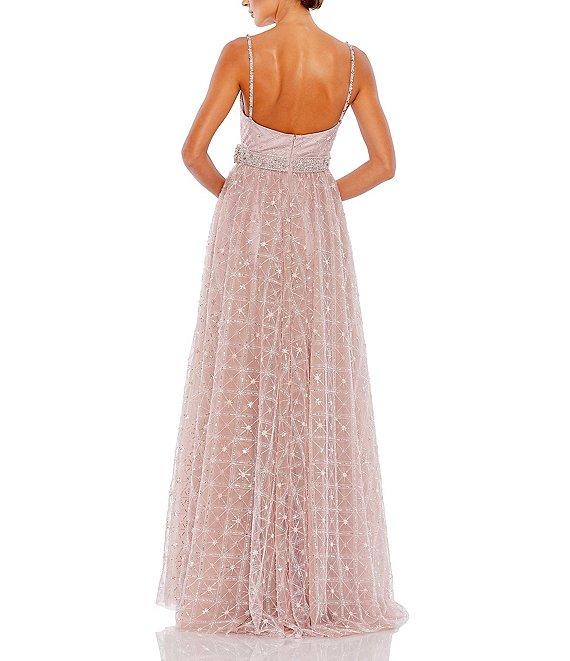 Mac Duggal V-Neck Beaded Bow Waist Embellished Mesh A-Line Gown Product Image